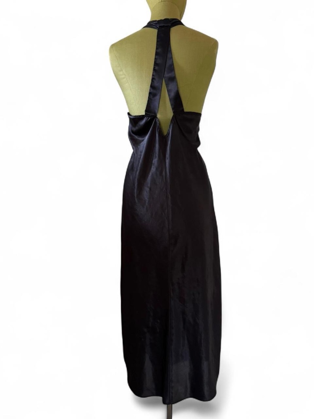 Vintage California Dynasty Black Satin Halter Dress Plunge Cutout Size L - Picture 3 of 6